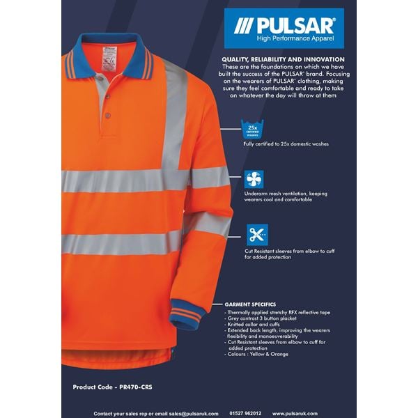 Pulsar PR470-CRS High Vis Orange Polo with Cut Resistant Sleeves