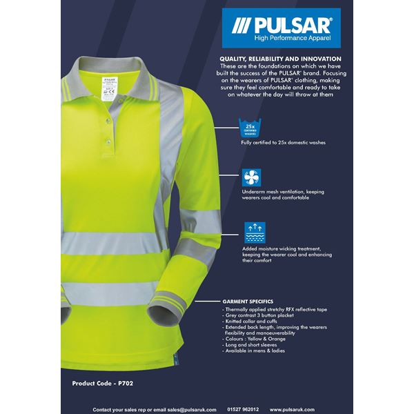 Pulsar P702 Womens Long Sleeve High Vis Yellow Polo Shirt