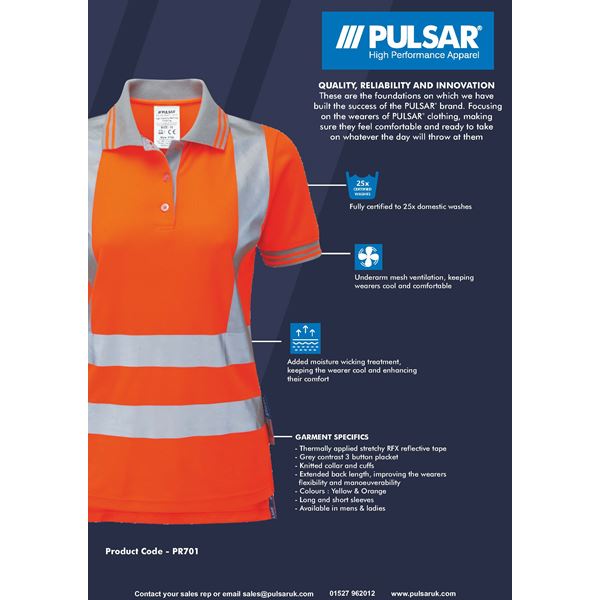 Pulsar PR701 Ladies Short Sleeved High Vis Orange Polo Shirt