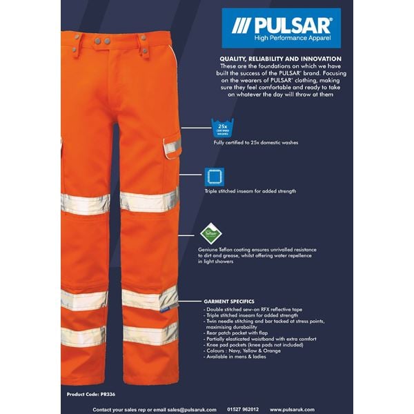 Pulsarail PR336 High Vis Orange Trousers Class 2