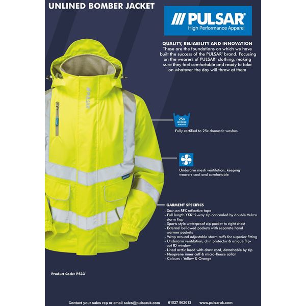 Pulsar P533 High Vis Unlined Bomber Jacket