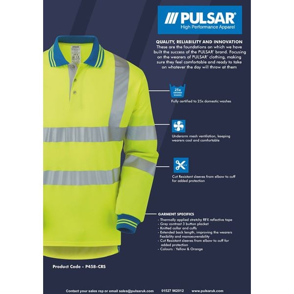 Pulsar P458-CRS High Vis Yellow Polo with Cut Resistant Sleeves