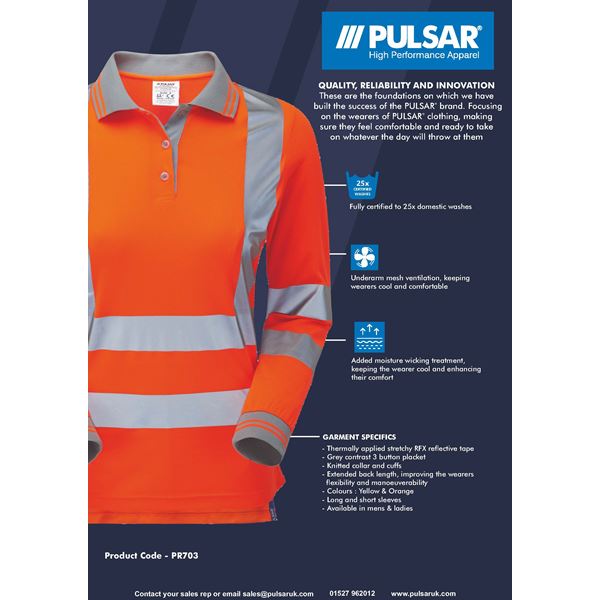 Pulsar PR703 Ladies Long Sleeve High Vis Orange Polo Shirt